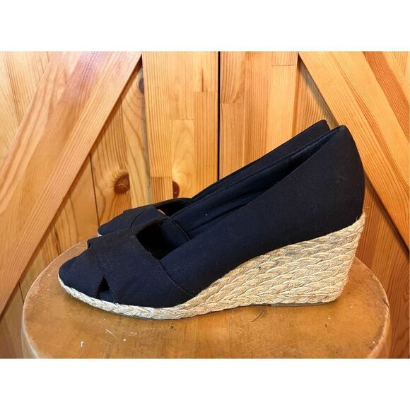 Chaps Heels Womens 8.5 Dakoda Slip On Peep Toe Espadrille Wedge Black Fabric - Picture 1 of 6